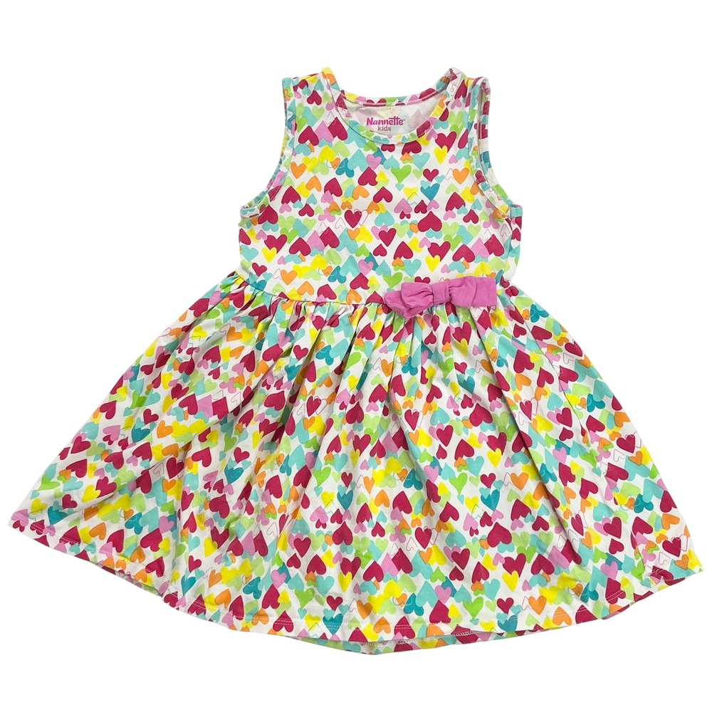 Nannette Kids Multicolor Heart Print Dress Girls Size 6 Sleeveless Bow Accent